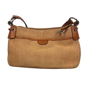 Fossil Tan Woven Canvas Brown Leather Trim Shoulder Bag 75082 Striped Lining